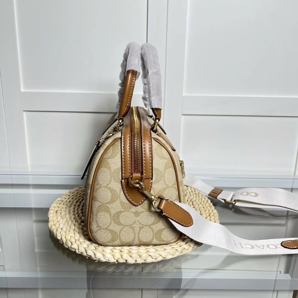 Coach Rowan Women Satchel In Signature Canvas With Stripe Light Khaki Color $495 - Picture 5 of 12